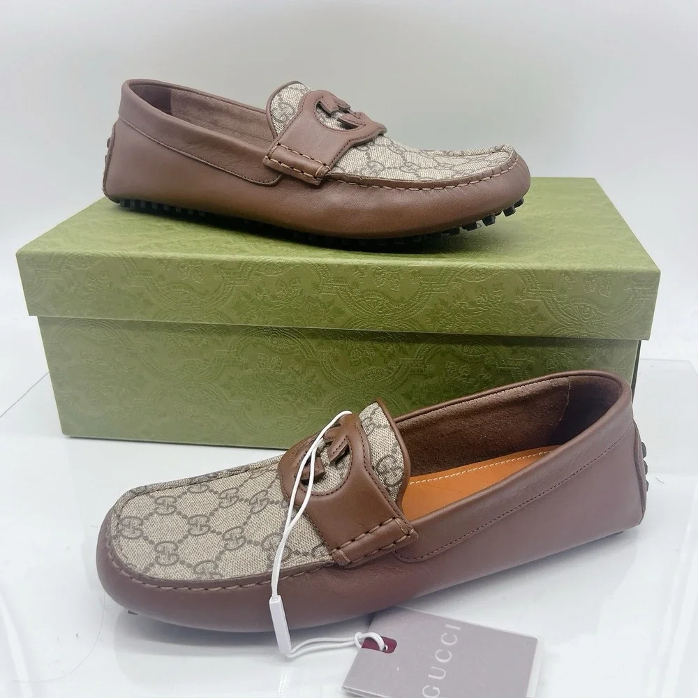 Gucci Supreme GG Interlocking Loafer Driving Shoes Mens Brown UK 8.5 US 9